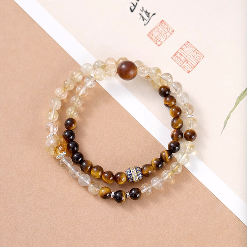 Wealth & Fortune Citrine Bracelet – Tiger Eye & Thunderwood Double Energy