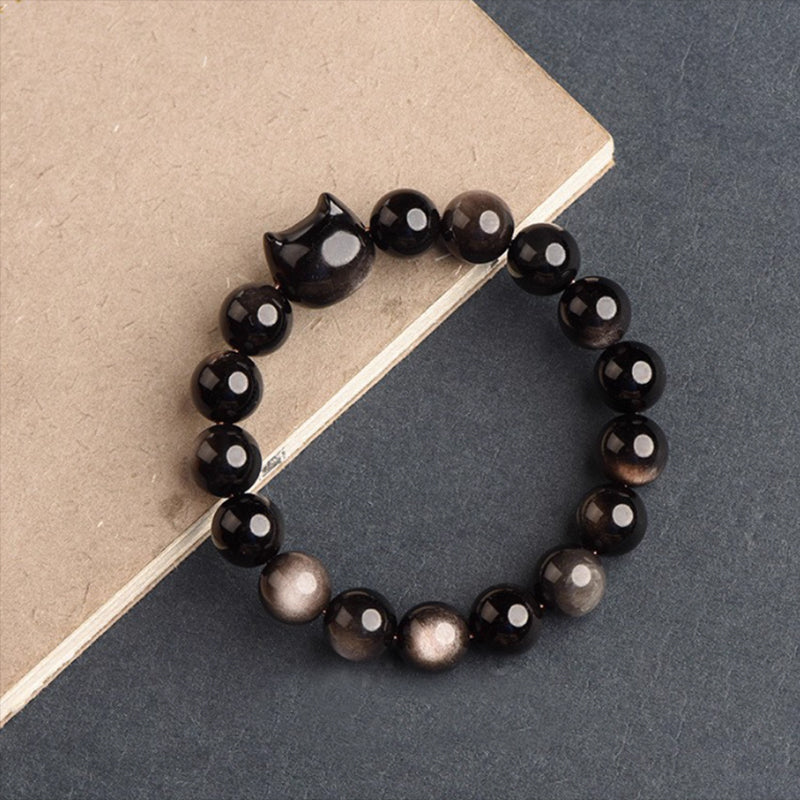 Natural Black Obsidian Bracelet – Six-Word Mantra for Protection & Love
