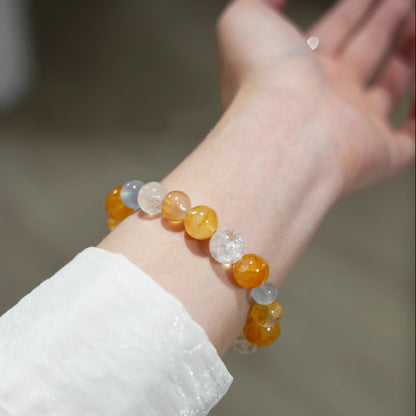 Natural Yellow Resin Flower, Aquamarine & White Crystal Bracelet – Emotional Balance & Prosperity
