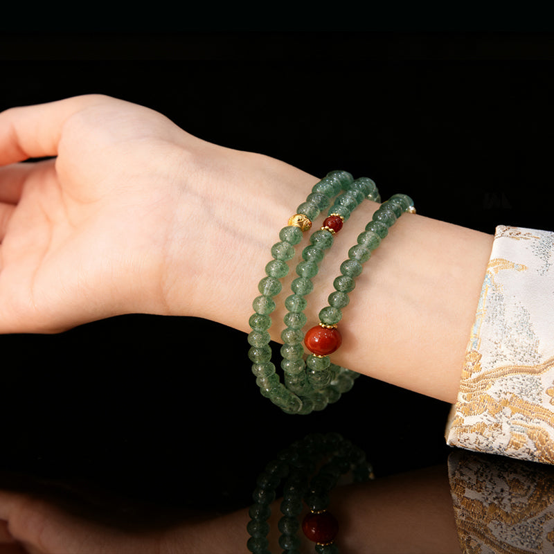 Original Chinese-Style Gemstone Jewelry – Strawberry Quartz & Green Crystal Harmony