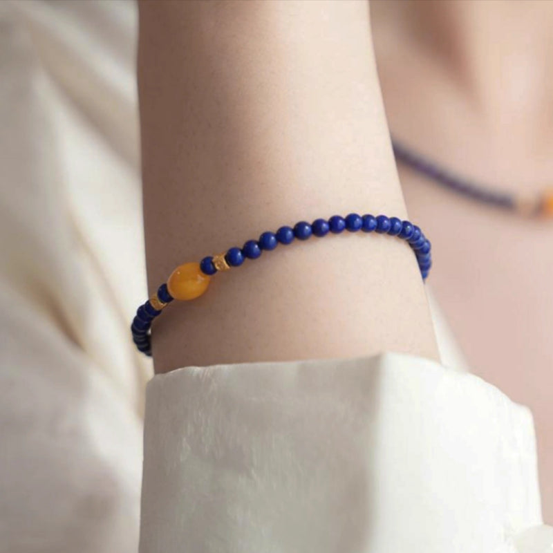 Original Chinese-Style Amber and Lapis Bracelet – Serenity & Wisdom
