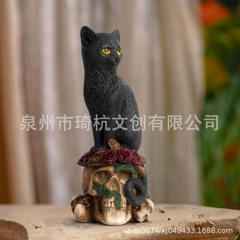 New Mysterious Dark Style Skull Animal Cat and Crow Statue Resin Craft Home Decoration
