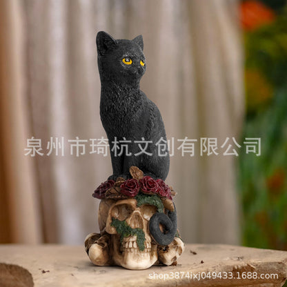 New Mysterious Dark Style Skull Animal Cat and Crow Statue Resin Craft Home Decoration