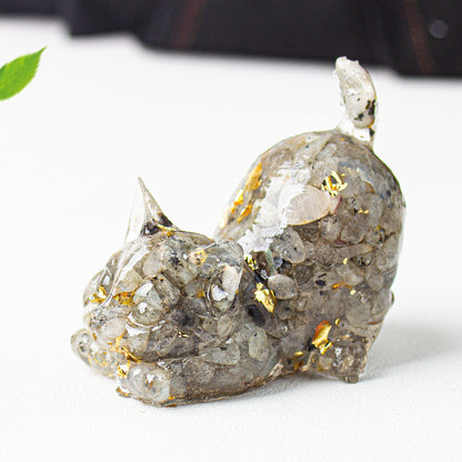 Natural Crystal Crushed Stone Epoxy Resin Tail Cat Kitten Office Home Living Room Desktop Decoration Ornament