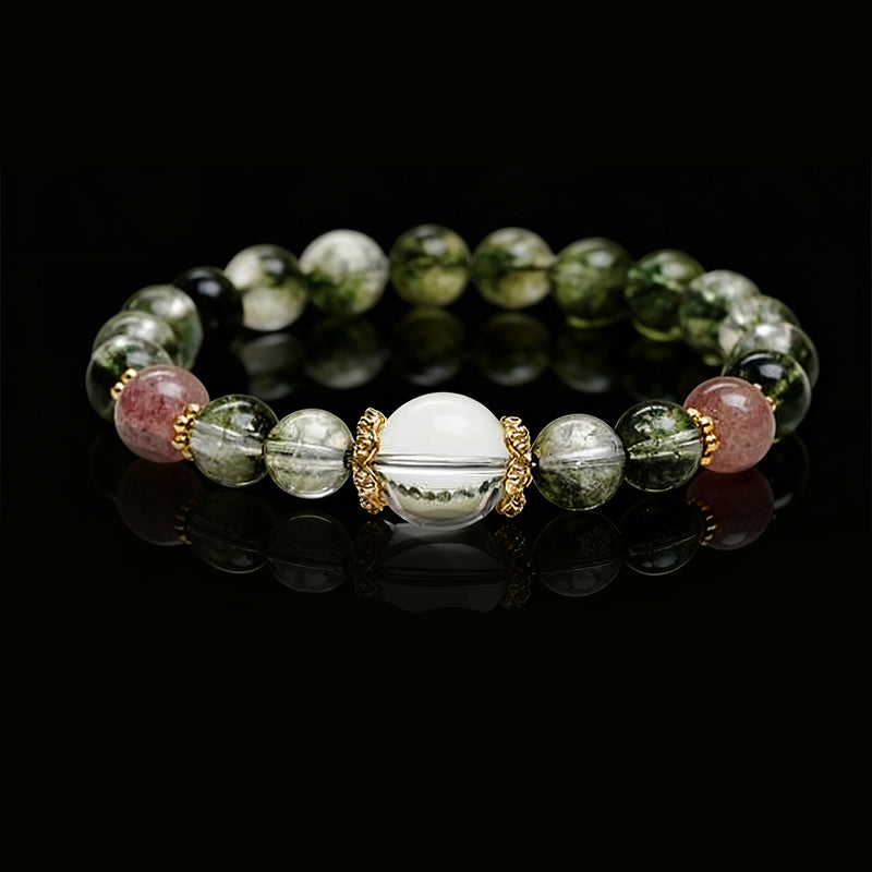 Handcrafted Green Phantom Bracelet with Strawberry Quartz – Positive Energy & Fortune