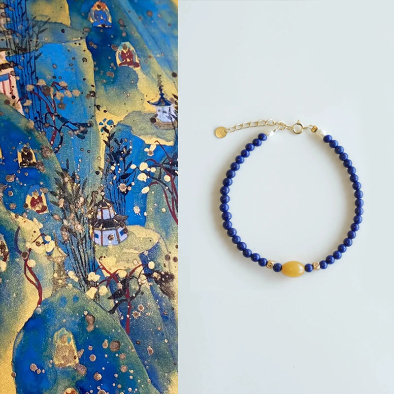 Original Chinese-Style Amber and Lapis Bracelet – Serenity & Wisdom
