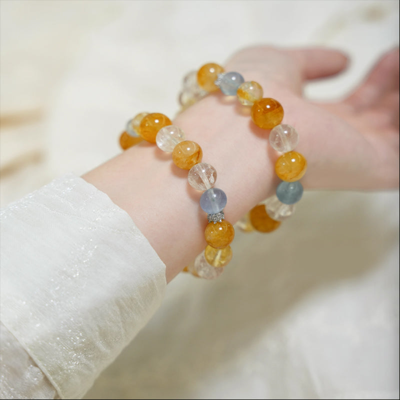 Natural Yellow Resin Flower, Aquamarine & White Crystal Bracelet – Emotional Balance & Prosperity