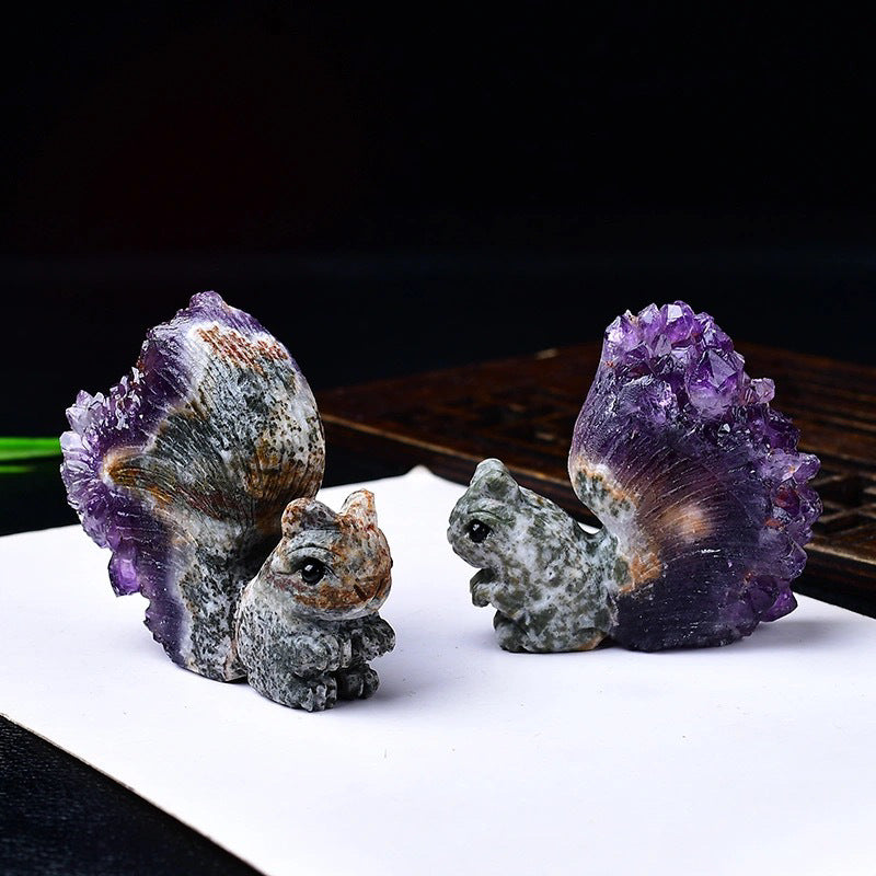 Uruguay Crystal Ornament Natural Amethyst Cluster Little Squirrel Ornament Chrysanthemum Crystal Raw Stone Carving Home Living Room