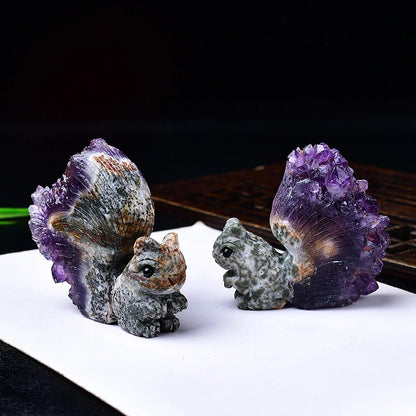 Uruguay Crystal Ornament Natural Amethyst Cluster Little Squirrel Ornament Chrysanthemum Crystal Raw Stone Carving Home Living Room