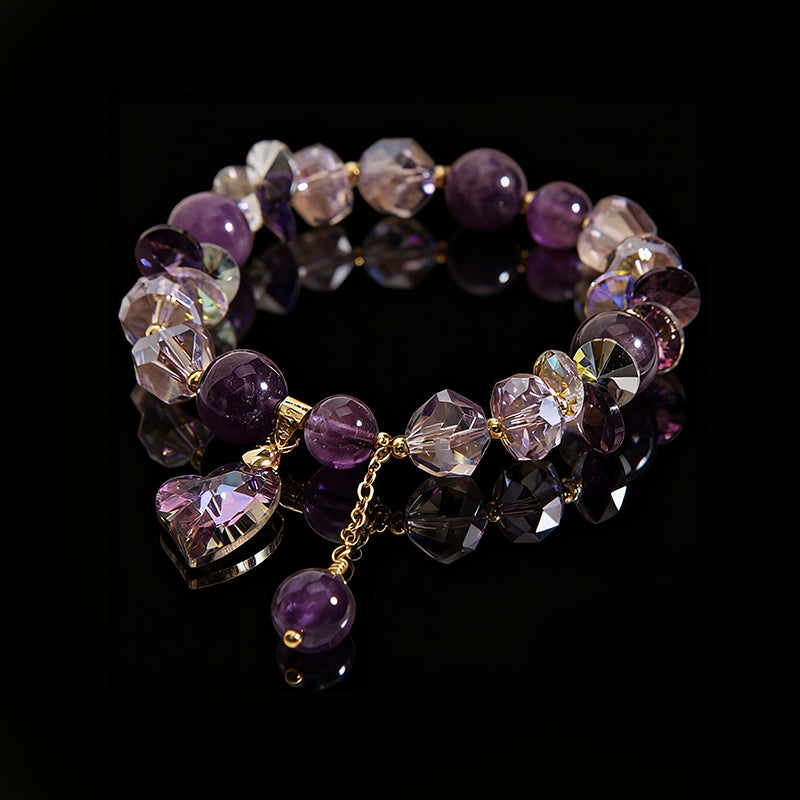 Natural Amethyst Bracelet with Heart & Clover Accents – Luxury Women’s Jewelry
