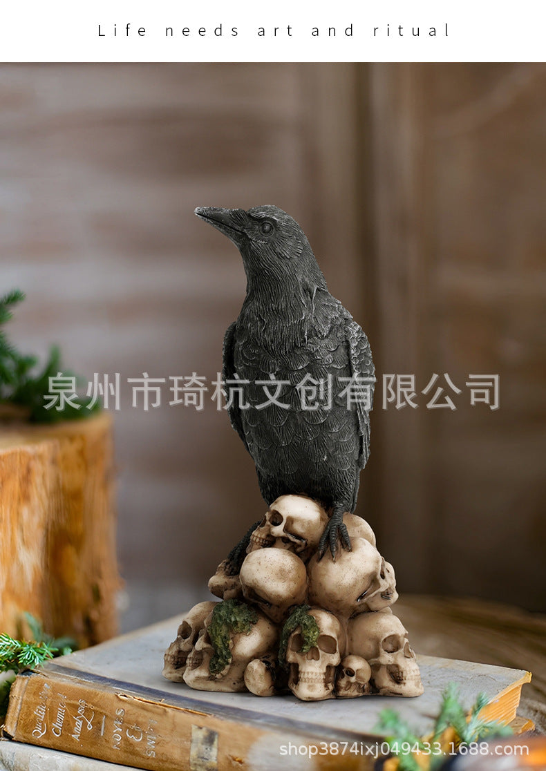 New Mysterious Dark Style Skull Animal Cat and Crow Statue Resin Craft Home Decoration