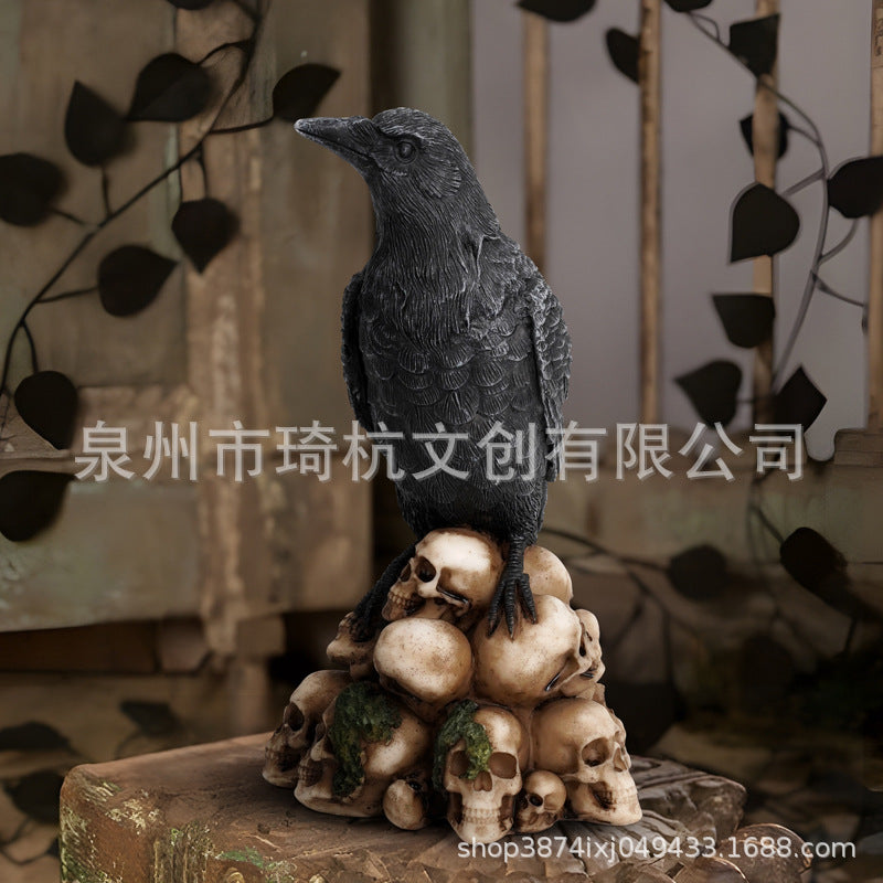 New Mysterious Dark Style Skull Animal Cat and Crow Statue Resin Craft Home Decoration