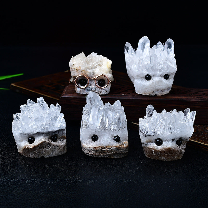 Natural White Crystal Cluster Small Hedgehog Ornament Raw Stone Carving Glasses Hedgehog Home Living Room Office Desk Decoration