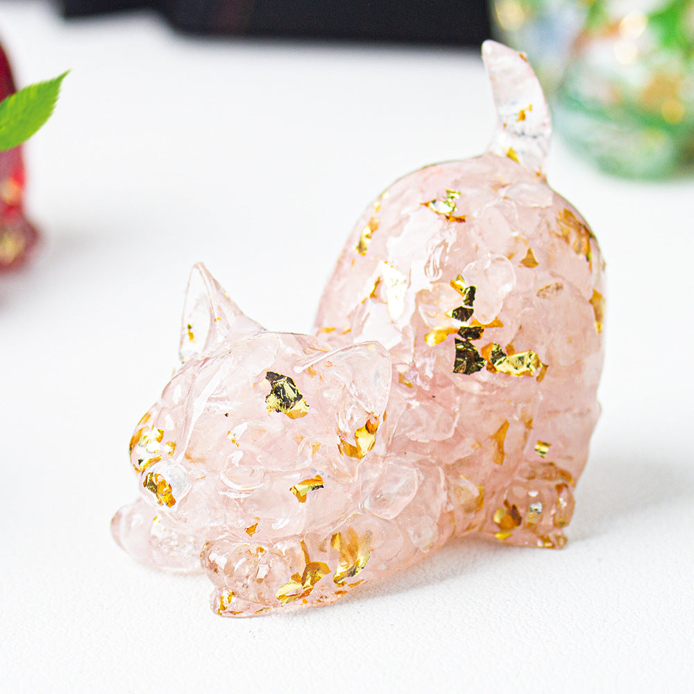 Natural Crystal Crushed Stone Epoxy Resin Tail Cat Kitten Office Home Living Room Desktop Decoration Ornament