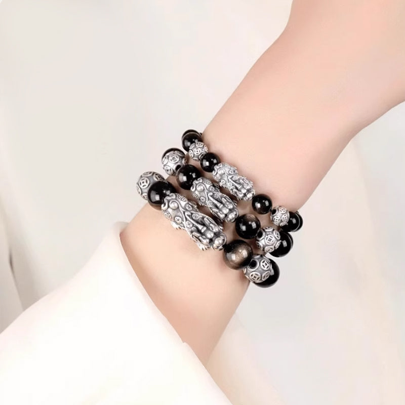 Handcrafted Obsidian Bracelet with Silver/Gold Accents – Protection & Fortune
