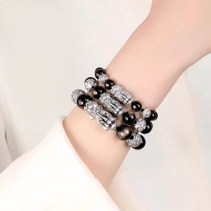 Handcrafted Obsidian Bracelet with Silver/Gold Accents – Protection & Fortune