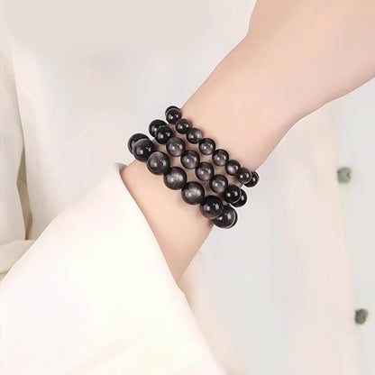 Handcrafted Obsidian Bracelet with Silver/Gold Accents – Protection & Fortune