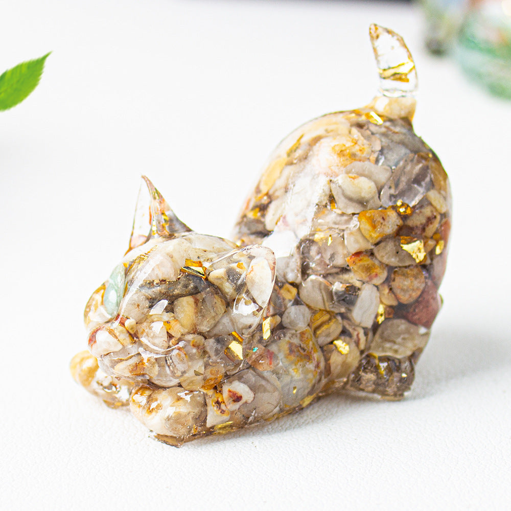 Natural Crystal Crushed Stone Epoxy Resin Tail Cat Kitten Office Home Living Room Desktop Decoration Ornament