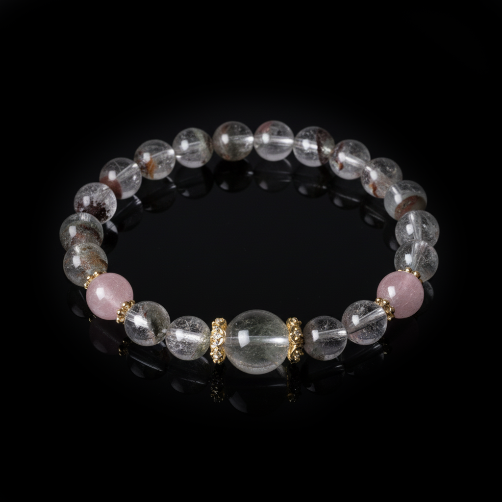 Handcrafted Green Phantom Bracelet with Strawberry Quartz – Positive Energy & Fortune