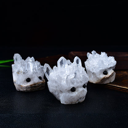 Natural White Crystal Cluster Small Hedgehog Ornament Raw Stone Carving Glasses Hedgehog Home Living Room Office Desk Decoration