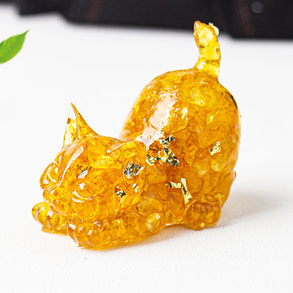 Natural Crystal Crushed Stone Epoxy Resin Tail Cat Kitten Office Home Living Room Desktop Decoration Ornament