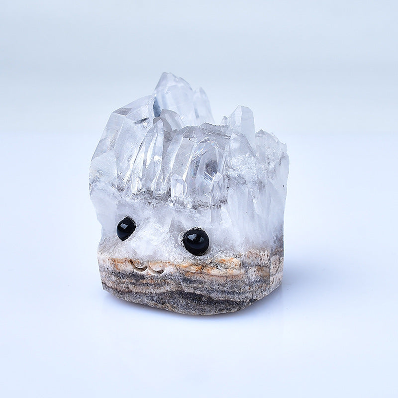 Natural White Crystal Cluster Small Hedgehog Ornament Raw Stone Carving Glasses Hedgehog Home Living Room Office Desk Decoration