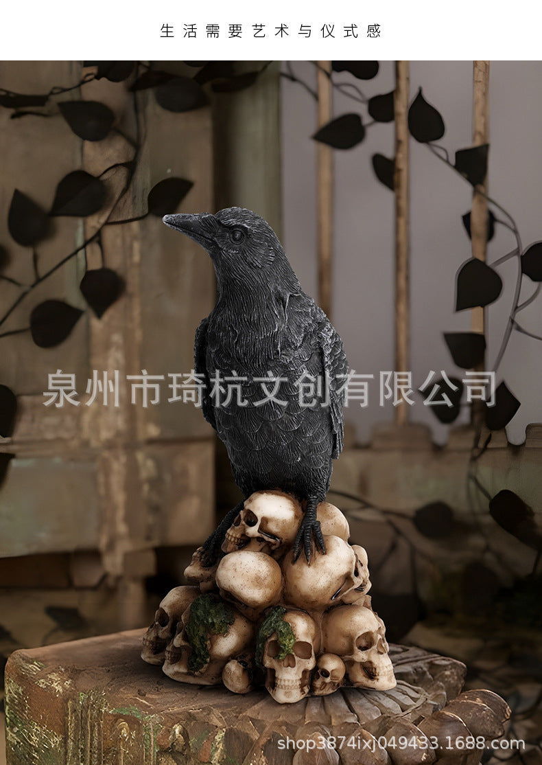New Mysterious Dark Style Skull Animal Cat and Crow Statue Resin Craft Home Decoration