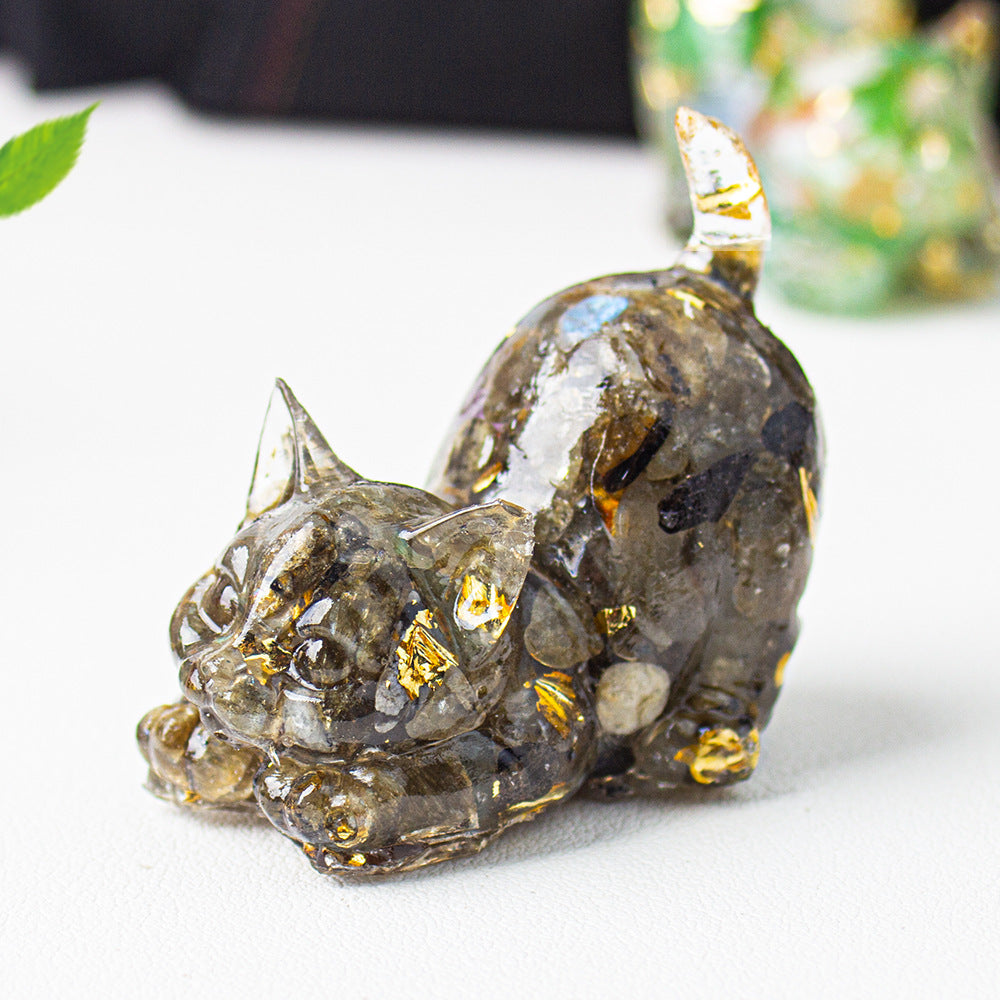 Natural Crystal Crushed Stone Epoxy Resin Tail Cat Kitten Office Home Living Room Desktop Decoration Ornament