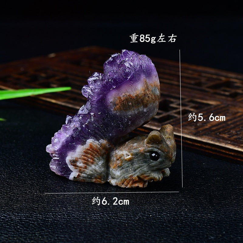 Uruguay Crystal Ornament Natural Amethyst Cluster Little Squirrel Ornament Chrysanthemum Crystal Raw Stone Carving Home Living Room