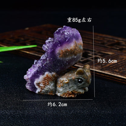 Uruguay Crystal Ornament Natural Amethyst Cluster Little Squirrel Ornament Chrysanthemum Crystal Raw Stone Carving Home Living Room