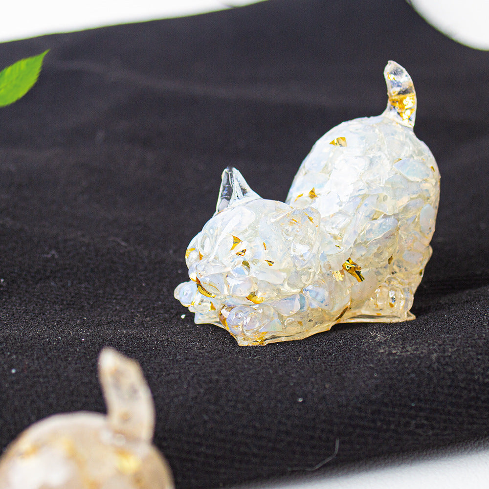 Natural Crystal Crushed Stone Epoxy Resin Tail Cat Kitten Office Home Living Room Desktop Decoration Ornament