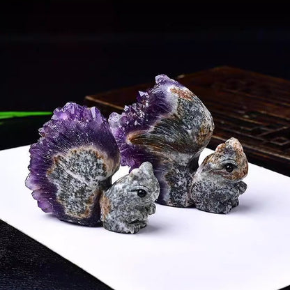Uruguay Crystal Ornament Natural Amethyst Cluster Little Squirrel Ornament Chrysanthemum Crystal Raw Stone Carving Home Living Room