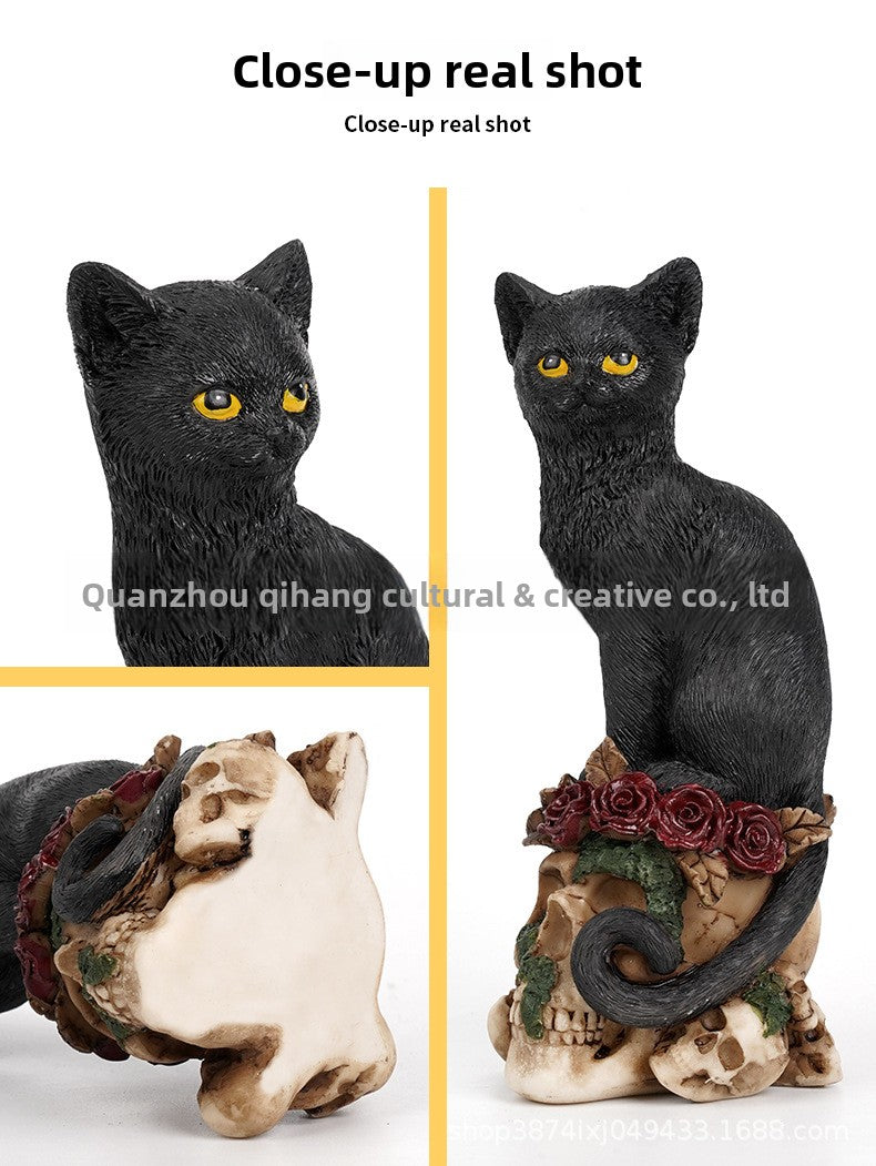 New Mysterious Dark Style Skull Animal Cat and Crow Statue Resin Craft Home Decoration