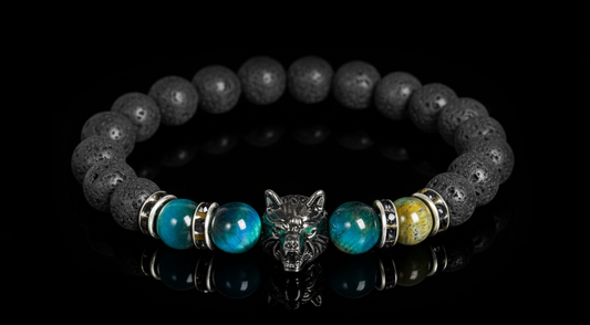 Night Guardian,Wolf Head Volcanic Stone Bead Bracelet – Trendy Men’s Jewelry