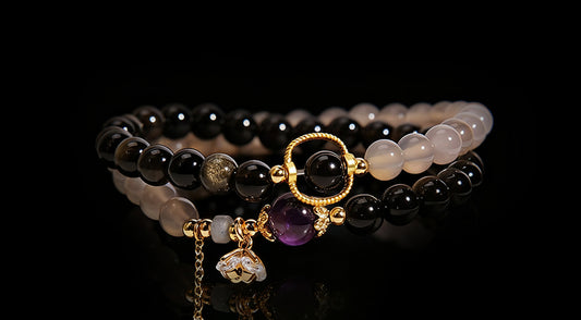 Double-Wrap Grey Agate & Gold Obsidian Bracelet – Lotus Charm Accent