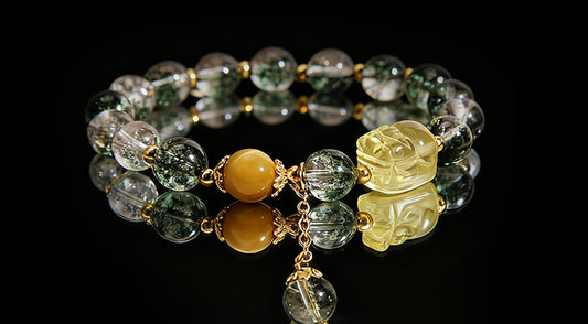 Green Phantom Crystal Bracelet with Gold Pixiu – Attract Wealth & Protection