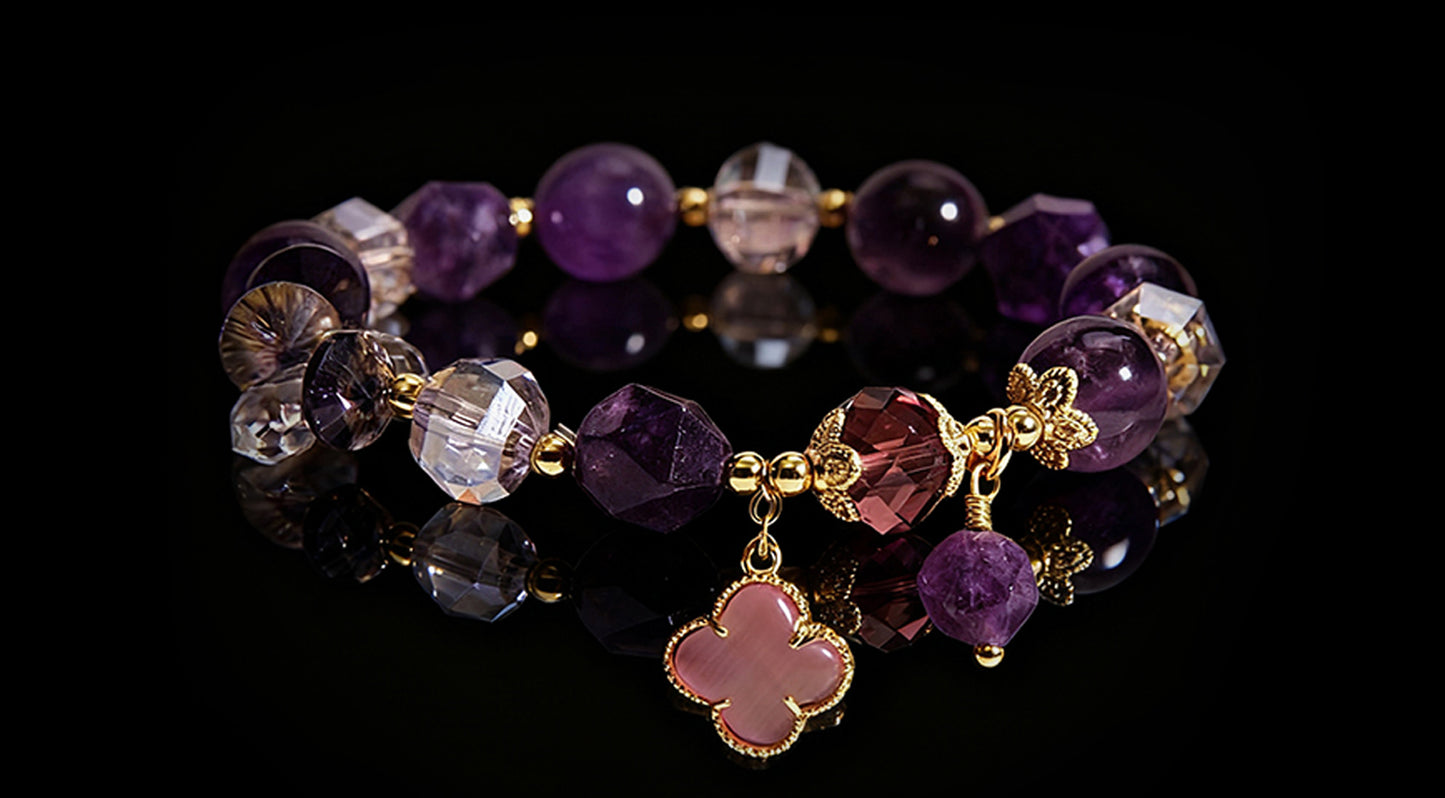 Natural Amethyst Bracelet with Heart & Clover Accents – Luxury Women’s Jewelry