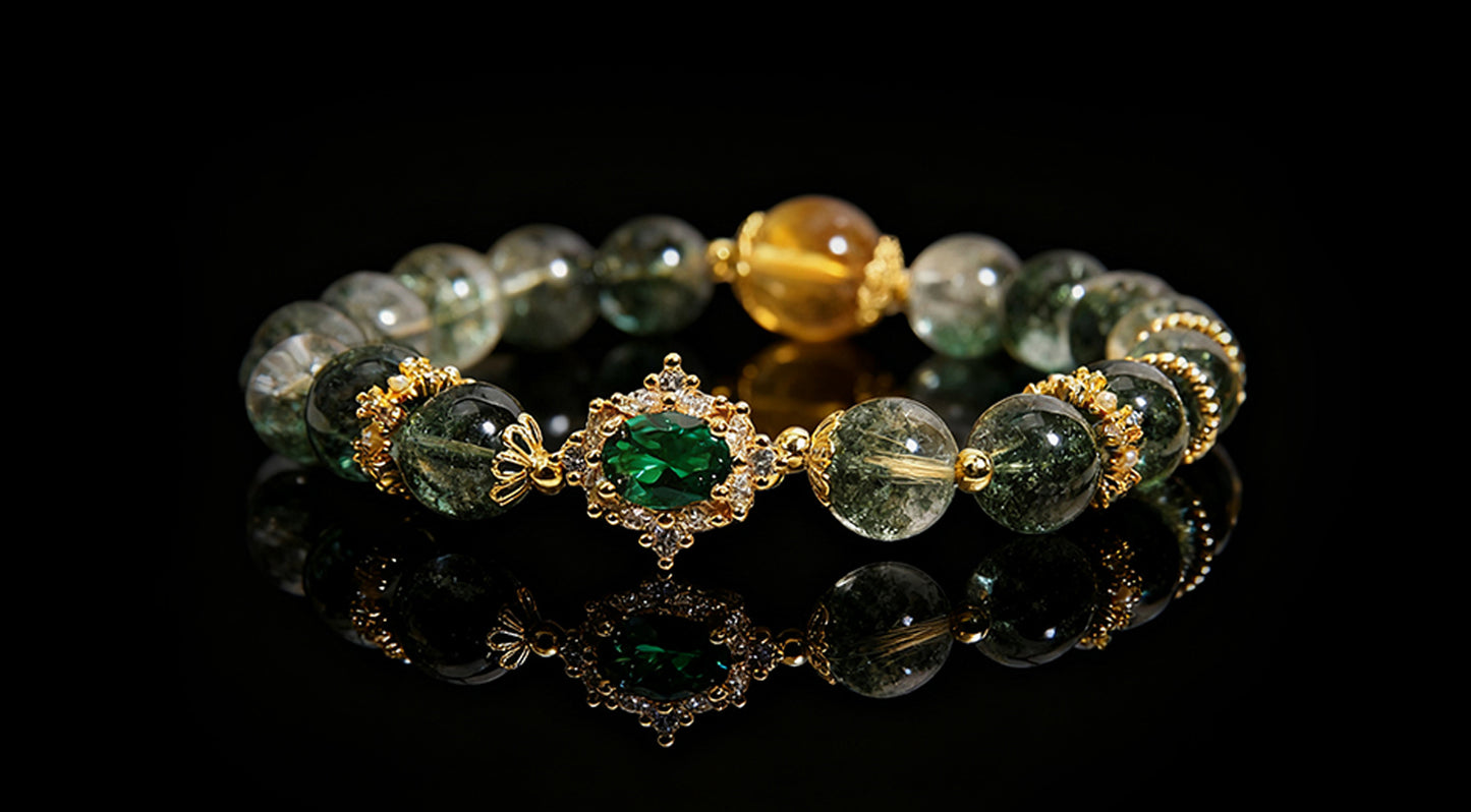 Green Phantom & Rutilated Quartz Bracelet – Modern Luxury for Women