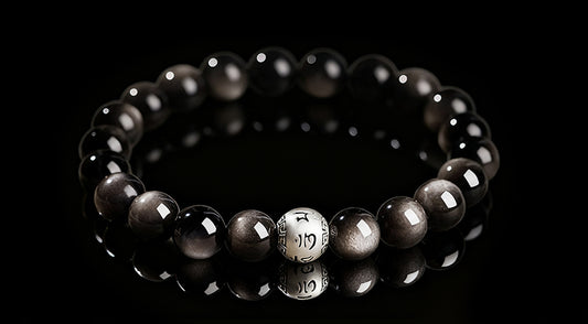 Natural Black Obsidian Bracelet – Six-Word Mantra for Protection & Love