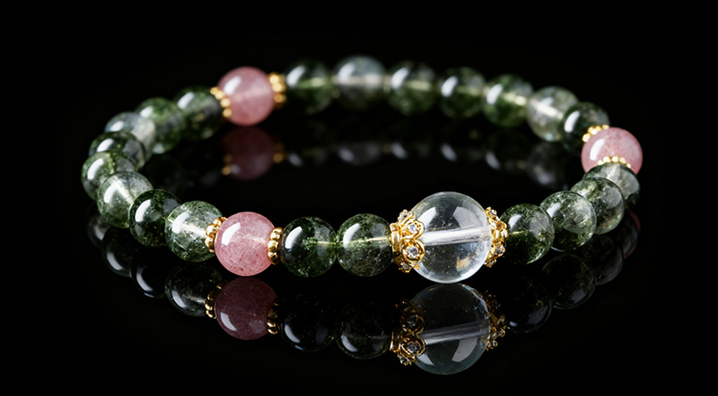 Handcrafted Green Phantom Bracelet with Strawberry Quartz – Positive Energy & Fortune