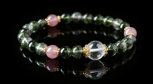 Handcrafted Green Phantom Bracelet with Strawberry Quartz – Positive Energy & Fortune