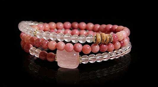 Elegant Multi-Strand Crystal Bracelet – Rhodochrosite, Clear Quartz & Rose Quartz Pixiu